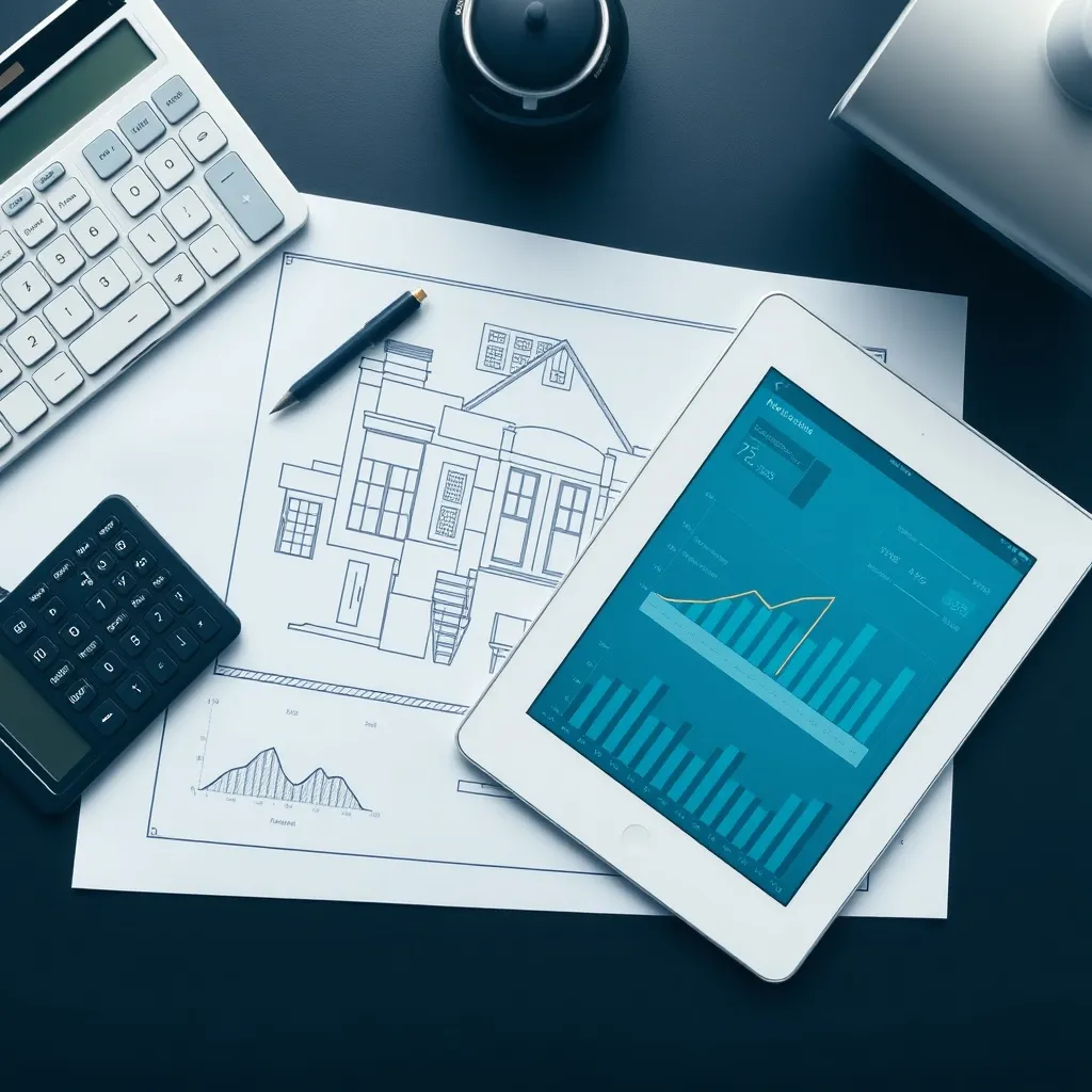 A technical top-down view of a clean desk with a calculator,