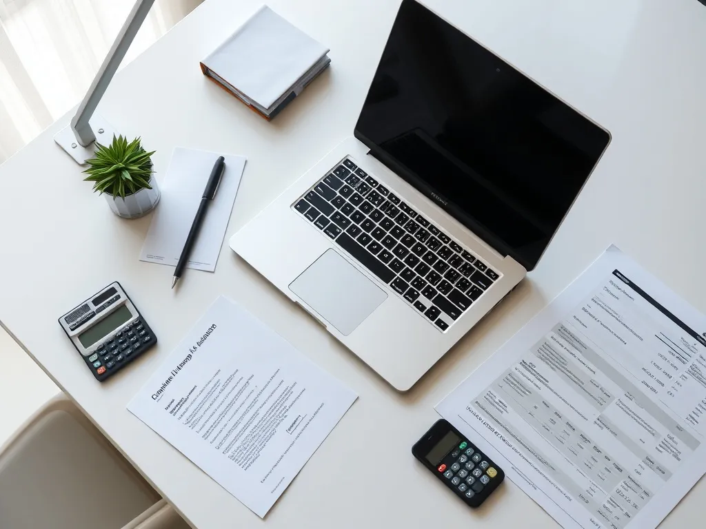 A high-angle photo of a clean office desk with a laptop, a c