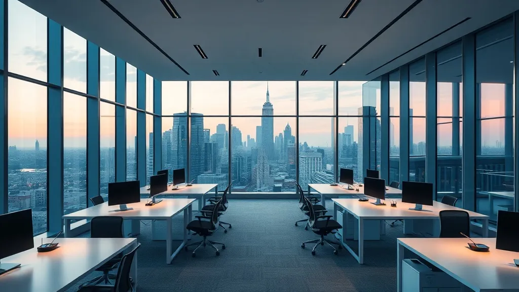 A high-resolution wide shot of a modern financial office wit