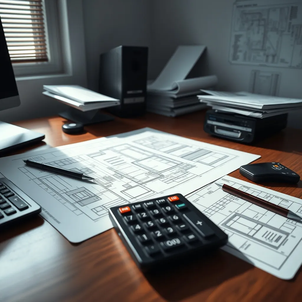 A professional office desk with a calculator, architectural